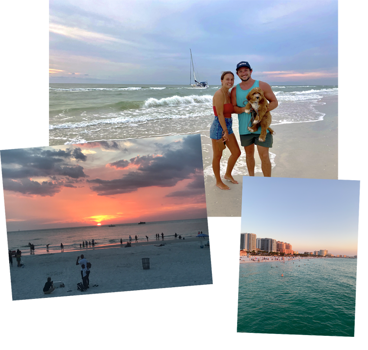 The team behind See Clearwater Beach — a photo collage of sunset, beach, and a couple with their dog on Clearwater Beach